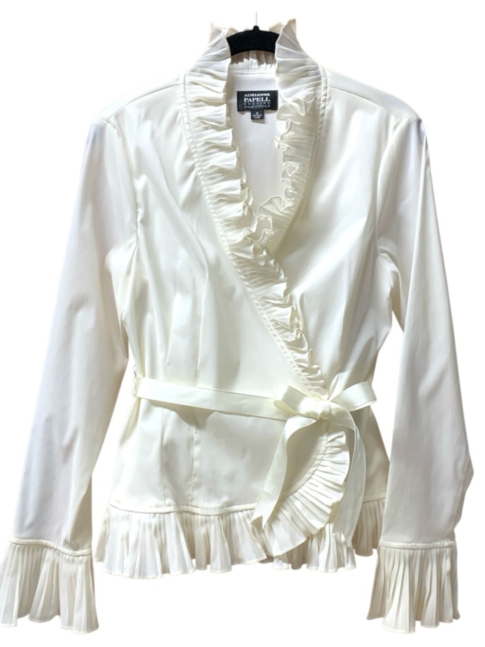 Adrianna Papell Womens Evening Top Long Sleeve Ruffled Wrap Front White Cream 8